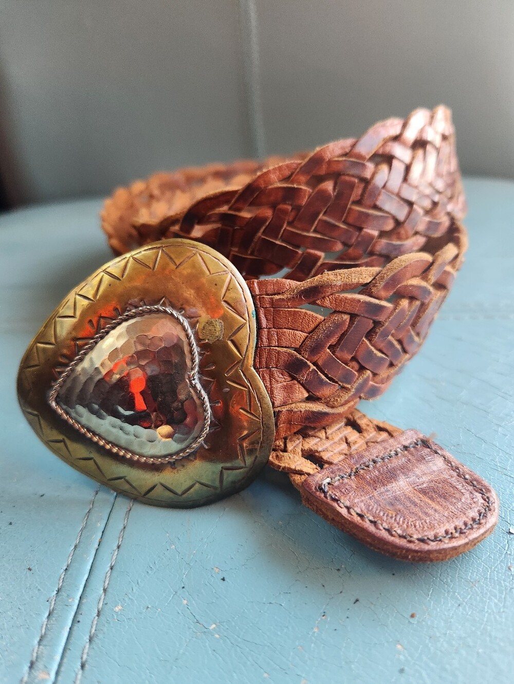 VTG Brown Braided 2" Wide 40" Long BRASS Silver Heart Buckle Western BOHO Belt